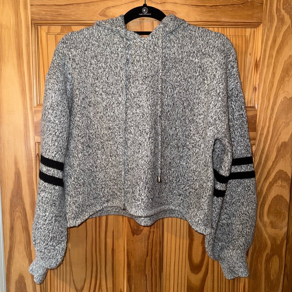 Gray Hooded Sweater with Black Stripes